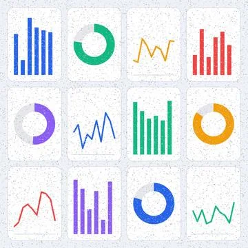 Colorful data visualization icons with bar charts line graphs donut charts .. Stock Illustration
