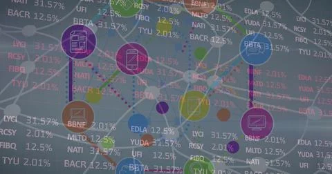 Colorful data visualization with interconnected nodes and percentages displayed 스톡 사진