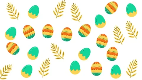Colorful Decorated Easter Eggs and Golden Leaf Branches Pattern on White Stock Footage 345539306