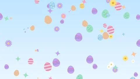 Colorful decorated Easter eggs and flowers falling over a soft blue sky, Ea.. Stock Illustration