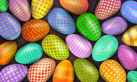Colorful decorated Easter eggs as background. Collection of festive elements. 스톡 일러스트