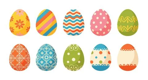 Colorful Decorated Easter Eggs Collection, Spring Holiday Celebration Icons イラスト素材