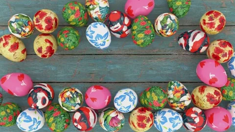 Colorful decorated Easter eggs creating frame border on rustic wooden background Video stock 299497815