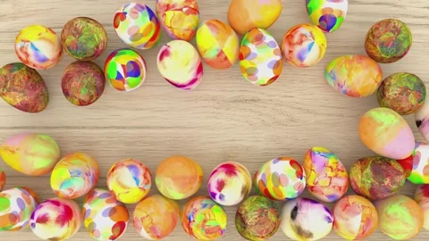 Colorful decorated Easter eggs creating frame border on rustic wooden background Stock Footage 299700586