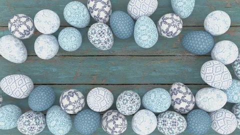 Colorful decorated Easter eggs creating frame border on rustic wooden background Video stock 299700628