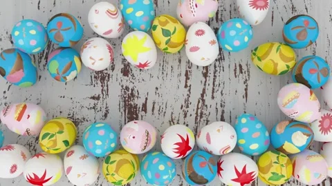 Colorful decorated Easter eggs creating frame border on rustic wooden background Video stock 299700782