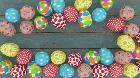Colorful decorated Easter eggs creating frame border on rustic wooden background Video stock 299700827