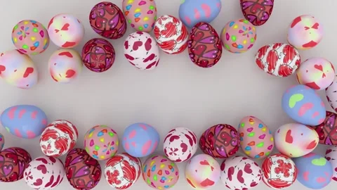 Colorful decorated Easter eggs creating frame border on rustic wooden background Video stock 299700959