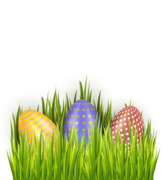 Colorful decorated Easter eggs in fresh green grass isolated on white background Stock Illustration