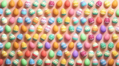 Colorful decorated easter eggs pattern on a wooden pink table in 3D illustr.. Stock Photos