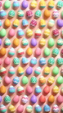 Colorful decorated easter eggs pattern on a wooden pink table in 3D illustr.. Stock Photos