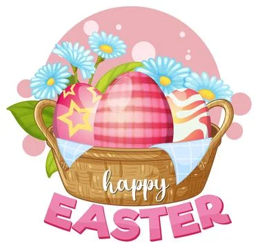 Colorful Decorated Easter Eggs in a Wicker Basket with Flowers Stock Illustration
