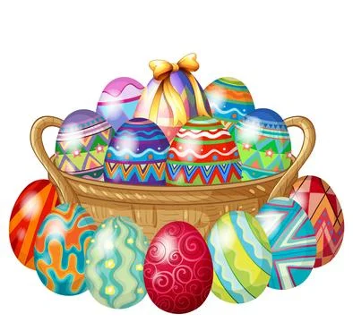 Colorful Decorated Easter Eggs in a Woven Wicker Basket Illustration Stock Illustration