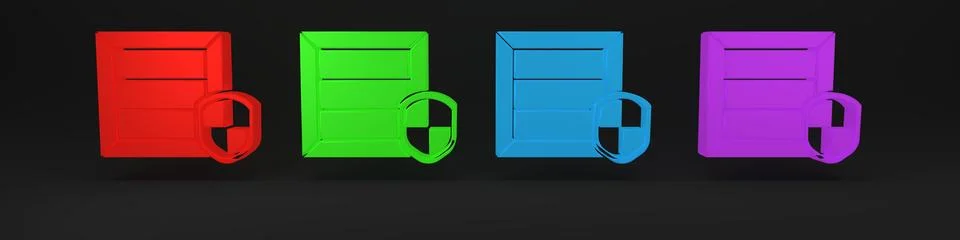 Colorful Delivery pack security with shield icon isolated on black backgrou.. Stockillustratie