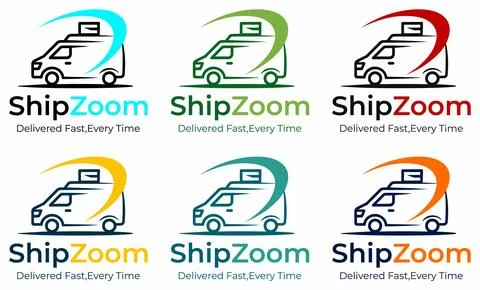 Colorful delivery van logos with dynamic curves and bold text for fast shippi Stock Illustration