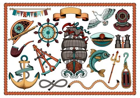 Colorful design vector set with old ship Stock Illustration