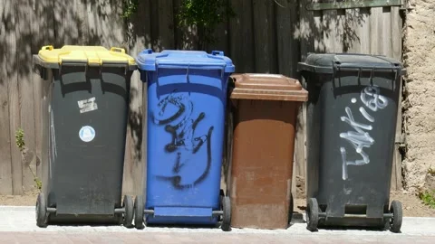 Colorful different recycling garbage cans Stock Footage 255701293