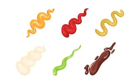 Colorful Different Sauce Strips Vector Set. Various Assortment of Spicy Gourmet Stock Illustration