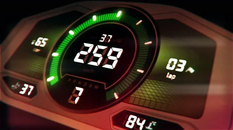 Colorful digital car interface with speedometer and tachometer Stock-Footage 65957352