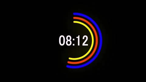 Colorful digital countdown timer with circular progress ring on black background Stock Footage 333299632