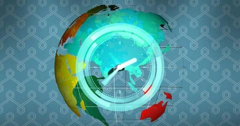 Colorful digital globe with abstract patterns and futuristic clock overlay Stock Illustration