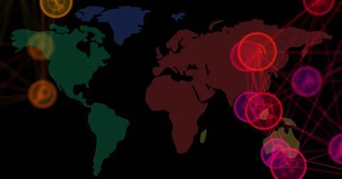 Colorful digital world map with interconnected glowing nodes and lines Illustrazione stock