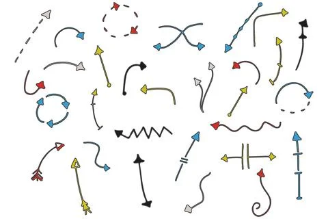 Colorful direction pointers in blue, red and yellow colors, vector graphic set 库存插图