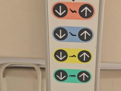 Colorful Directional Signage for Elevator Navigation in Hospital Interior 스톡 사진