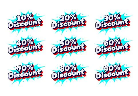Colorful Discount Labels Set with Comic Style Text for Supermarket Promotions Stock Illustration