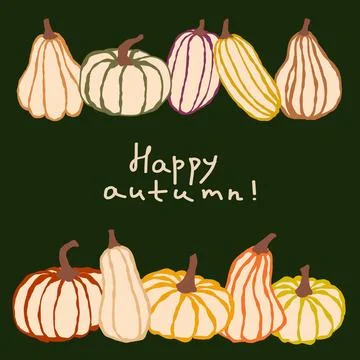 A colorful display of assorted pumpkins and gourds celebrating the autumn season Stock Illustration