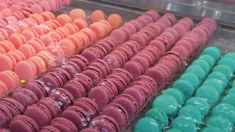 A Colorful Display of Exquisite Macarons in a Charming Pastry Shop Close Up 4K Stock Footage 318555569