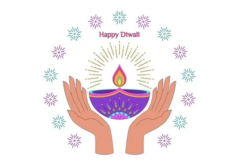 Colorful Diya with fire and light rays, human palm hands, fireworks flash. .. Stock Illustration