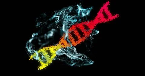 Colorful DNA strand image with particles and smoke effects on black background Illustrazione stock