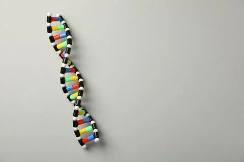 Colorful DNA structure model on light grey background, top view. Space for te Stock Photos