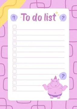 Colorful To-Do List Template with Cute Hippo Character Stock Illustration