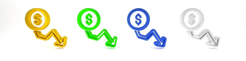 Colorful Dollar rate decrease icon isolated on white background. Cost reduc.. Illustrazione stock