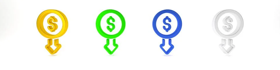 Colorful Dollar rate decrease icon isolated on white background. Cost reduc.. Illustrazione stock