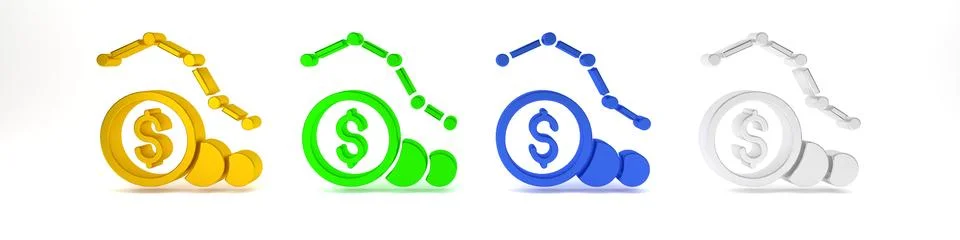 Colorful Dollar rate decrease icon isolated on white background. Cost reduc.. Illustrazione stock