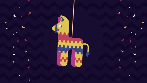 Colorful donkey pinata swinging on string against festive chevron pattern b.. Video stock 338420906