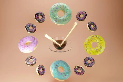 Colorful donuts and coffee 3d render Stock Photos