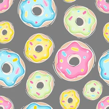 Colorful donuts endless seamless pattern, isolated on grey sweets background Illustrazione stock