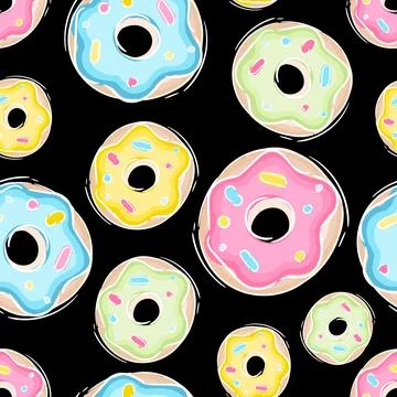 Colorful donuts endless seamless pattern, isolated on black sweets background Illustrazione stock
