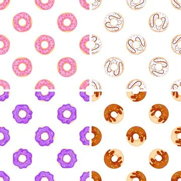 Colorful donuts seamless pattern showing pink, purple, white and chocolate icing Stock Illustration