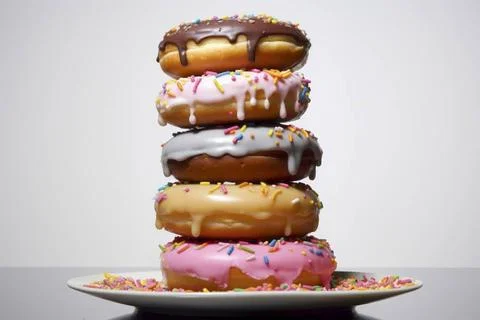  Colorful donuts showcased in a delicious array against a pristine white b... Stock Photos