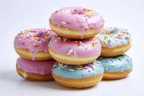  Colorful donuts showcased in a delicious array against a pristine white b... Stock Photos