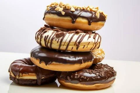  Colorful donuts showcased in a delicious array against a pristine white b... Foto stock