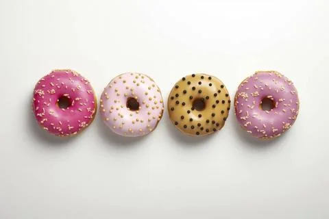  Colorful donuts showcased in a delicious array against a pristine white b... Foto stock