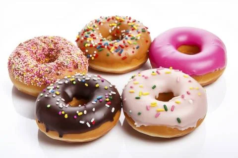  Colorful donuts showcased in a delicious array against a pristine white b... 库存照片