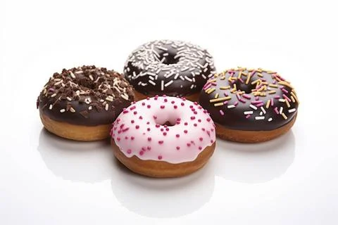  Colorful donuts showcased in a delicious array against a pristine white b... Foto stock