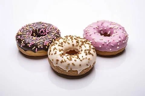  Colorful donuts showcased in a delicious array against a pristine white b... Stock Photos